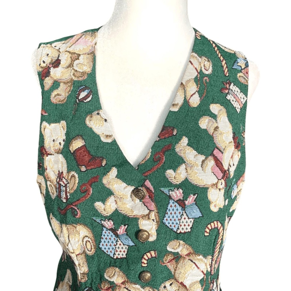 Vintage Christmas Teddy Bear Vest Green Holiday Novelty Waistcoat Whimsical - Picture 2 of 11